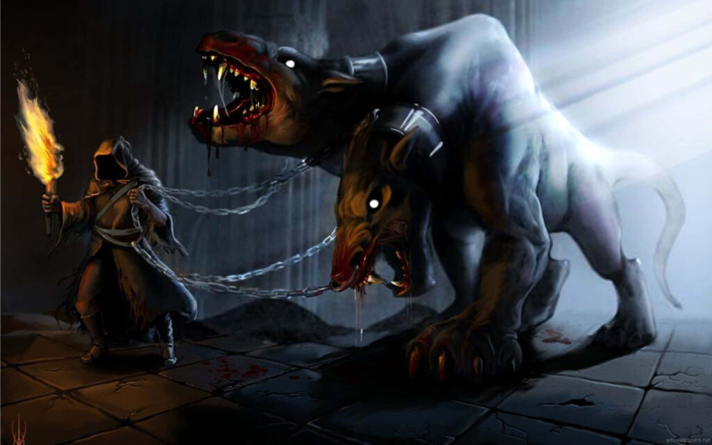 Cerberus three-headed hound snarling chained in shadowy dungeon with hooded torchbearer wallpaper
