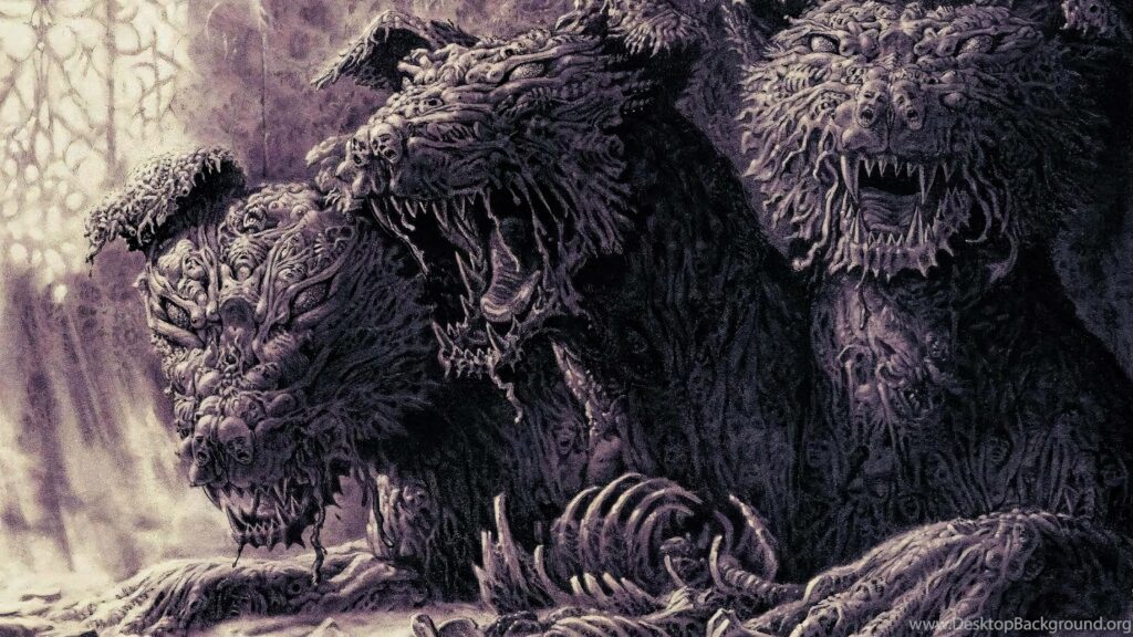 Cerberus three-headed hound dark fantasy wallpaper with skeletal details and sepia tones