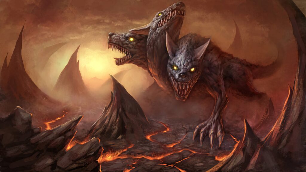 Cerberus three-headed hound with glowing eyes snarling in fiery volcanic dark fantasy landscape background Wallpaper