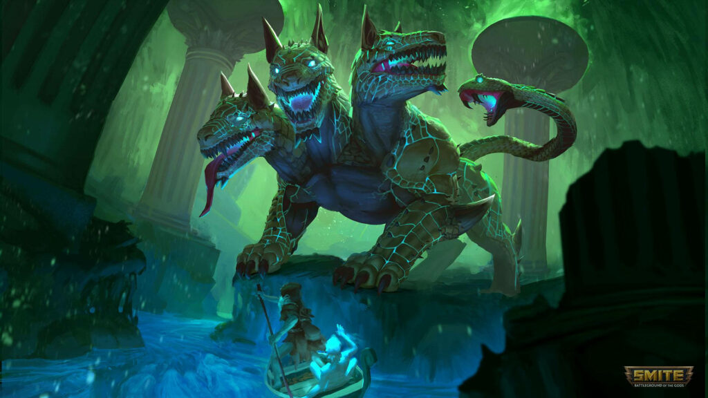 Cerberus three-headed hound with glowing blue eyes guarding shadowy underworld columns dark fantasy Wallpaper