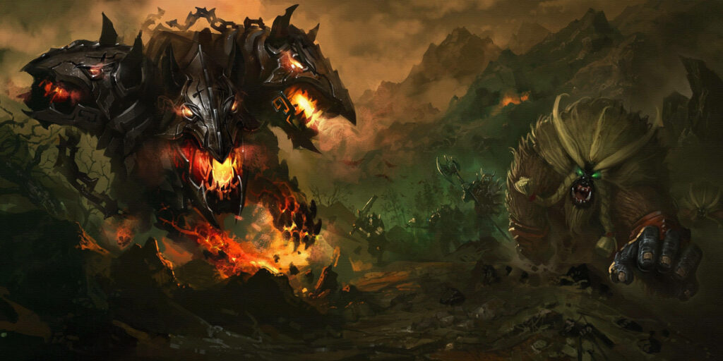 Cerberus three-headed hound in black armor amid fiery apocalyptic landscape digital art wallpaper