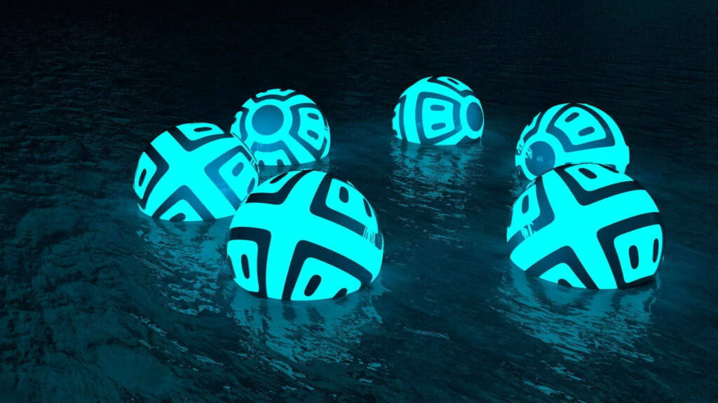 Abstract 3D glowing cyan neon spheres floating on dark rippling water digital wallpaper background