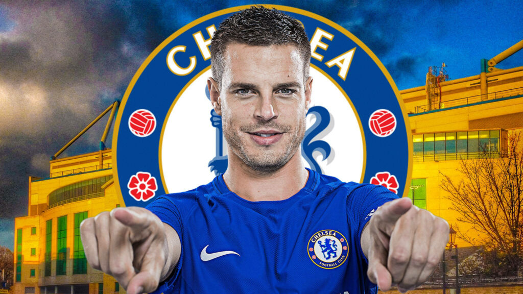César Azpilicueta in Chelsea FC jersey with focused expression and Stamford Bridge background Wallpaper