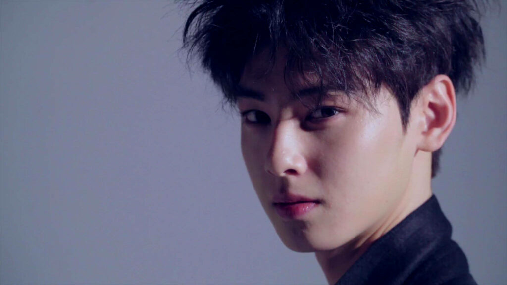 Cha Eun-woo intense gaze stylish photoshoot flawless complexion tousled dark hair minimal backdrop wallpaper