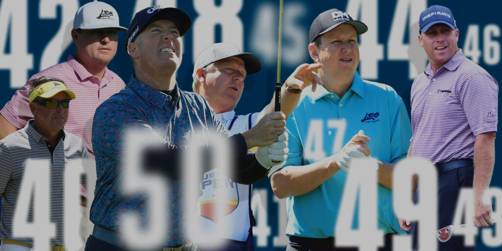 Chad Campbell golf wallpaper collage highlights career moments navy background white numbers
