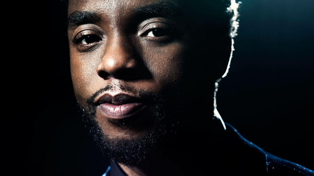Chadwick Boseman profile portrait with dramatic lighting and textured beard on dark background wallpaper