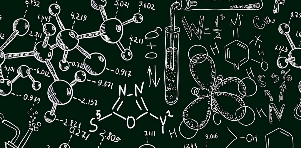 Chalkboard style chemistry wallpaper with white molecular structures test tubes and formulas on green