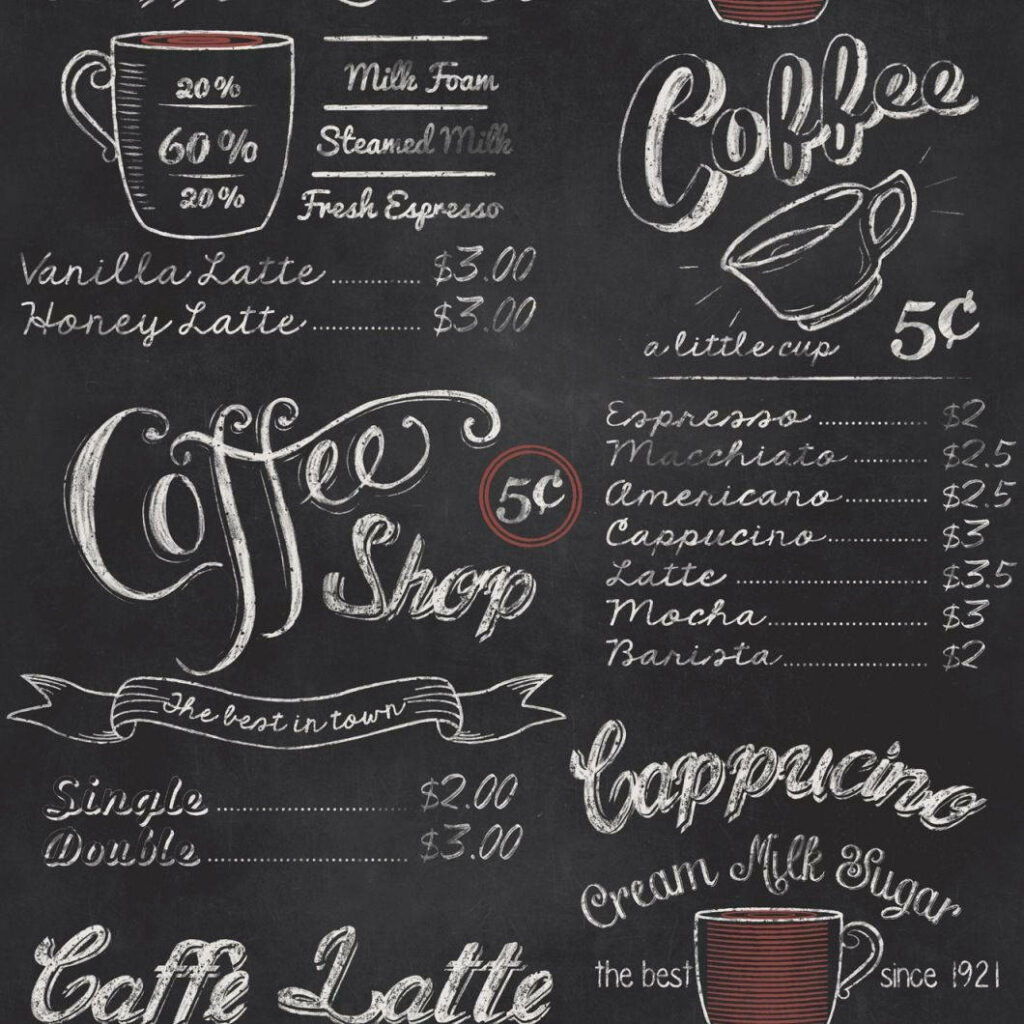 Chalkboard coffee menu wallpaper with hand-drawn cups and cozy café style typography