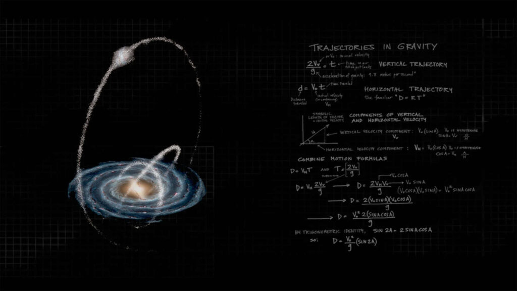 Chalkboard style wallpaper with swirling galaxy orbital paths and physics formulas on dark grid