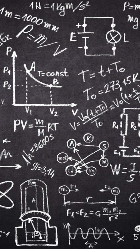Chalkboard wallpaper with physics equations scientific diagrams and circuit sketches in monochrome