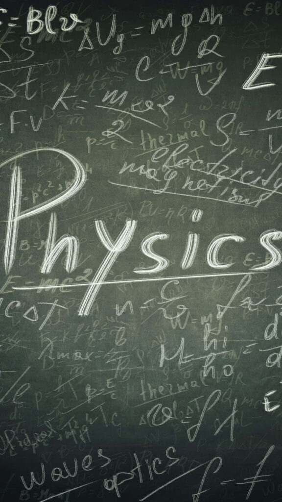Chalkboard wallpaper with physics formulas equations scientific terms hand-drawn on green background
