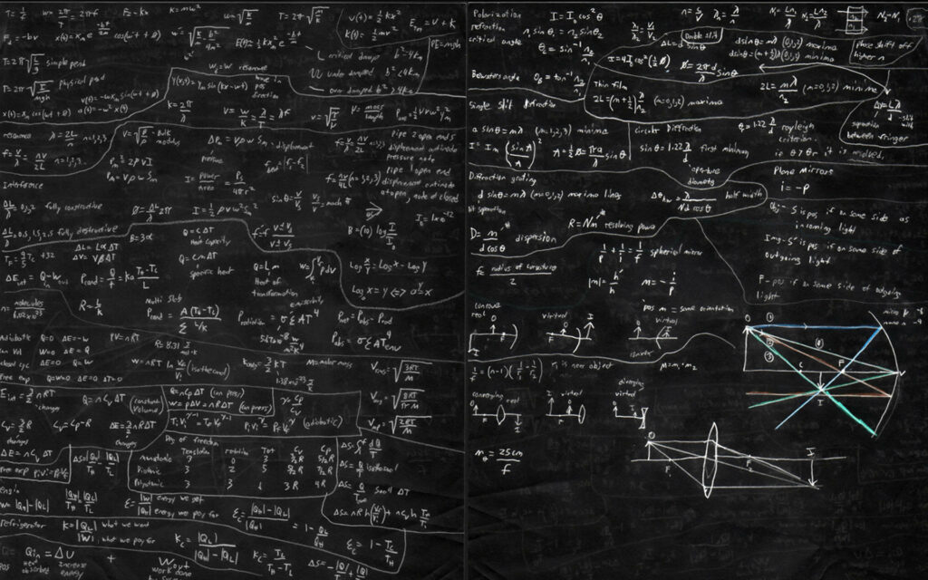 Chalkboard wallpaper with dense scientific diagrams and white equations on blackboard background