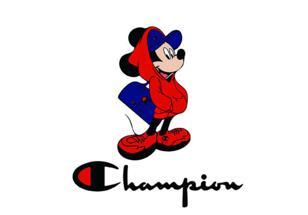 Mickey Mouse rocks the fashion world in a bold Champion Logo ensemble against a stylish backdrop Wallpaper