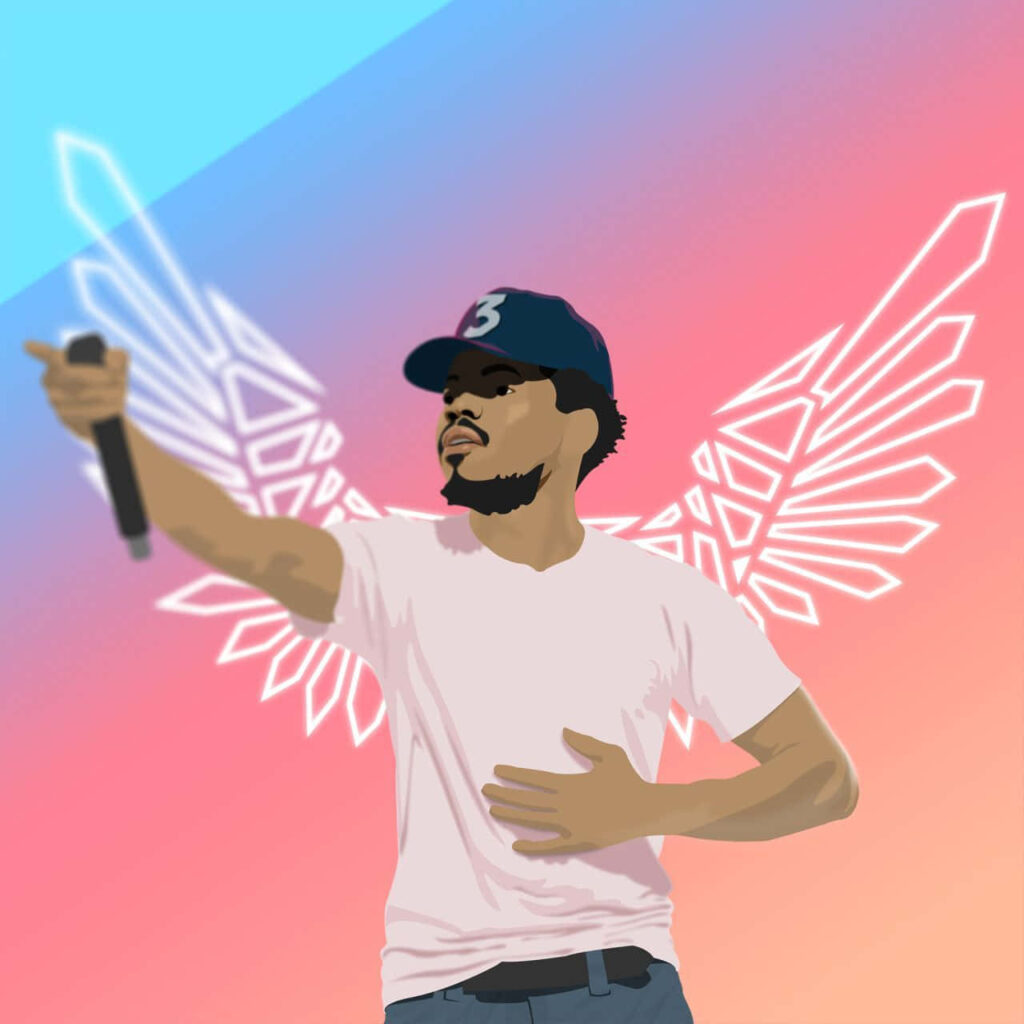 Chance the Rapper cartoon wallpaper with microphone and white geometric angel wings on pink blue background