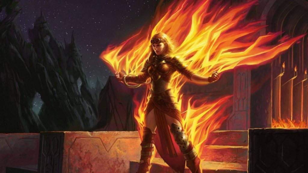 Chandra Nalaar digital art wallpaper fiery pyromancer tactical armor goggles fantasy mountain background