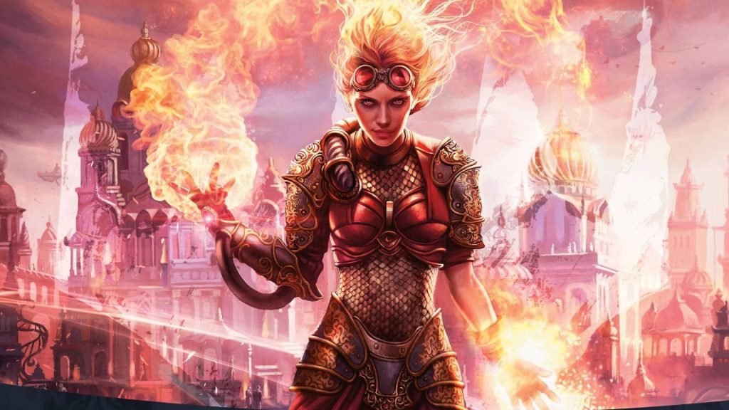 Chandra Nalaar in steampunk armor casting flames before a majestic fantasy city wallpaper
