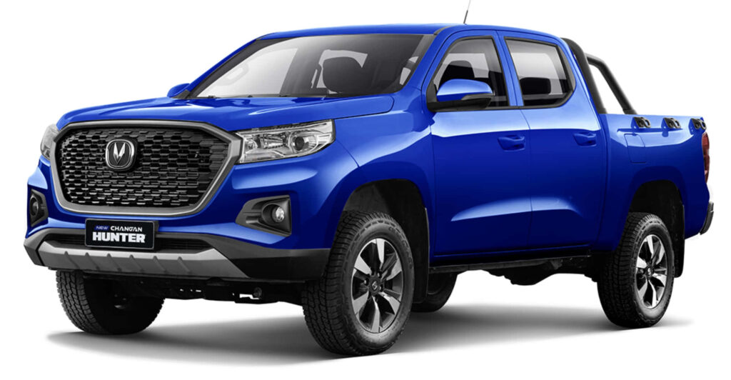 Blue Changan Hunter pickup truck with rugged design and sleek contours on minimalist background Wallpaper