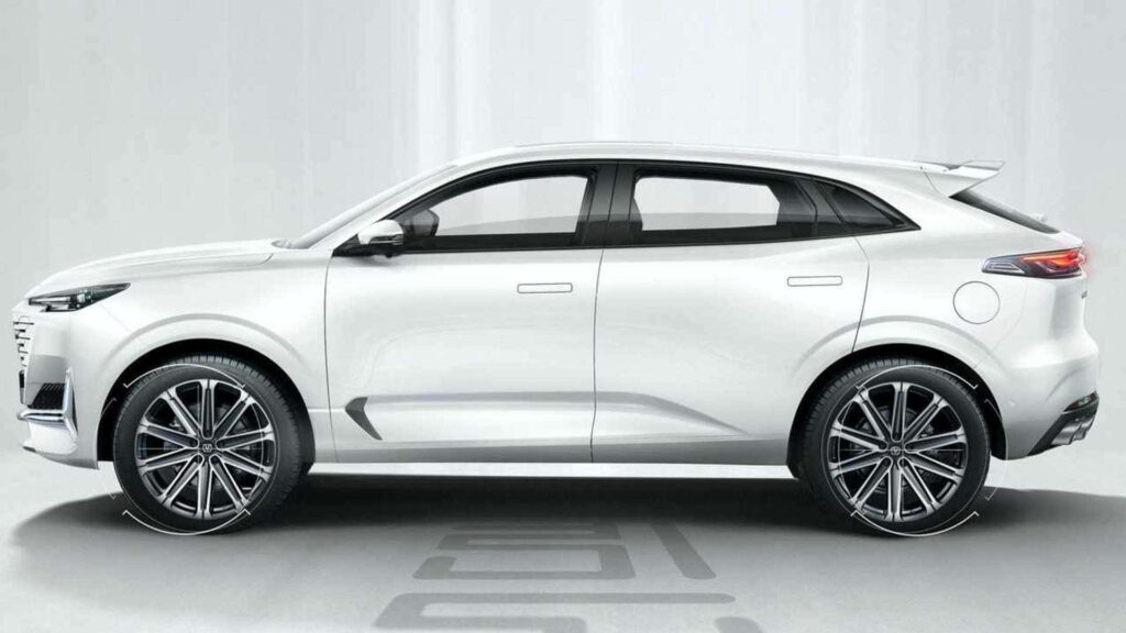 Sleek white Changan car with sharp lines and stylish alloy wheels in modern studio setting Wallpaper