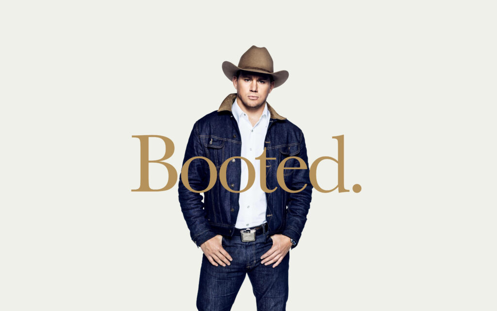 Channing Tatum as Kingsman in cowboy hat denim jacket with bold Booted wallpaper background