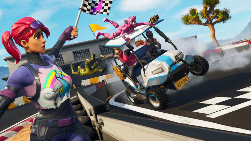 Thrilling Race Track Adventure in Fortnite Battle Royale: Characters Enjoying a Fast-Paced Golf Cart Ride Wallpaper