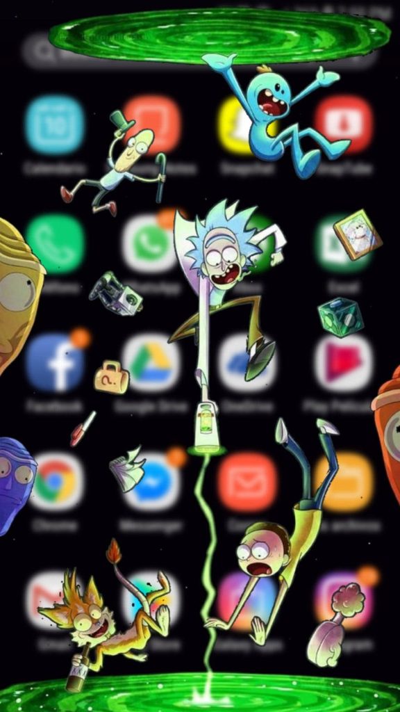 Rick and Morty phone wallpaper with interdimensional invasion and vibrant green portals