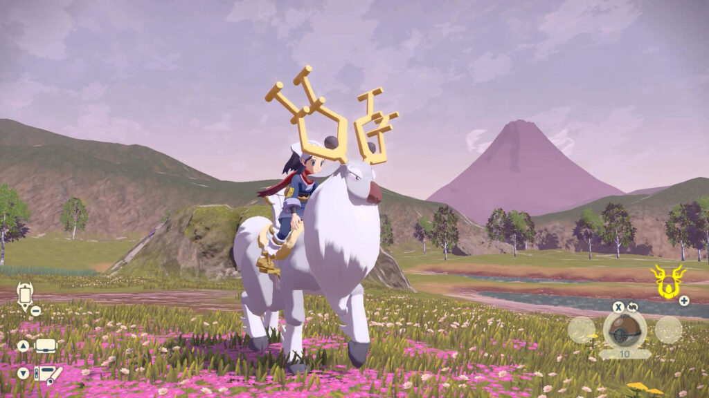 Character riding majestic Wyrdeer through colorful meadow with pink flowers and mountain backdrop Wallpaper