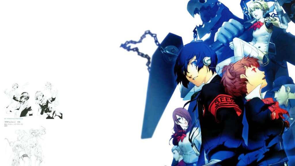 Persona 3 Portable Artwork: Main Characters and Personas in Action Wallpaper