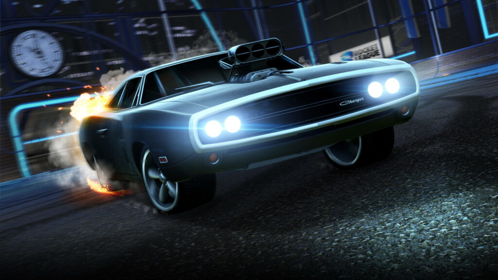 Drifting to Victory: A Rocket League HD Charger Wallpaper with Epic Sparks and Time-ticking Tension