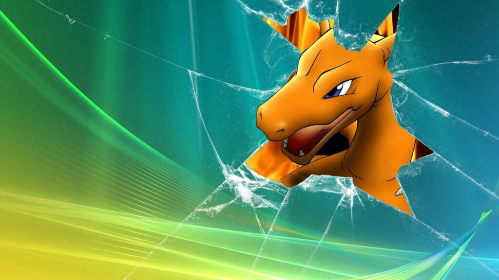 Charizard bursting through shattered glass with fierce expression vibrant digital Pokémon wallpaper