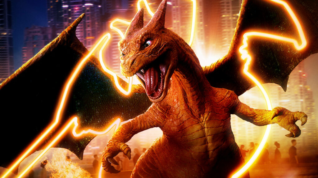 Charizard from Pokemon Detective Pikachu fierce pose glowing orange lightning vibrant cityscape wallpaper