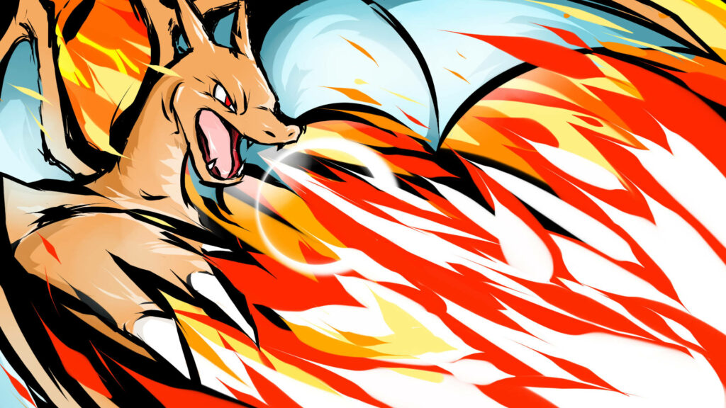 Charizard flying and breathing fire with vivid orange red and blue colors in dynamic wallpaper