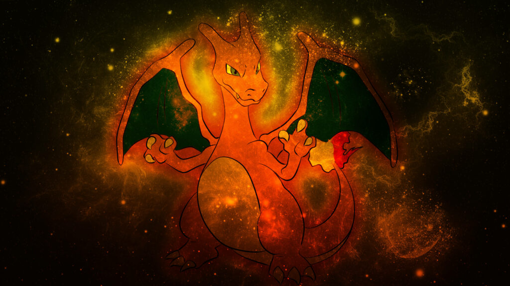 Charizard glowing translucent galaxy wallpaper with cosmic colors and shimmering stars background