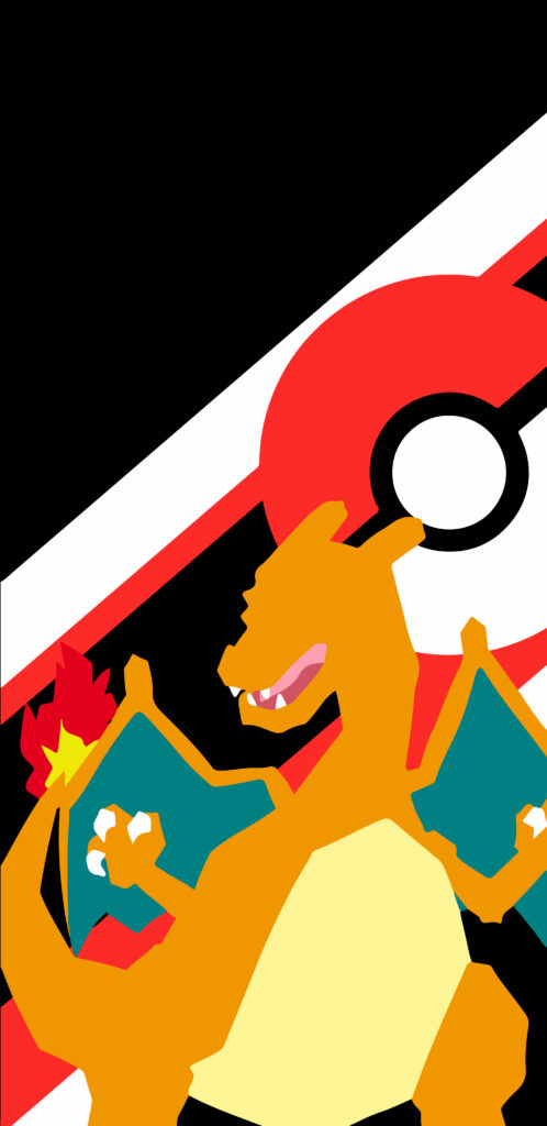 Minimalist Charizard wallpaper with fiery icy elements and red white Pokeball background design