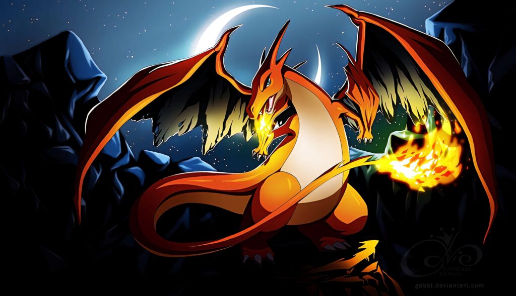 Charizard roaring under crescent moon with fiery tail against starry night and mountains wallpaper