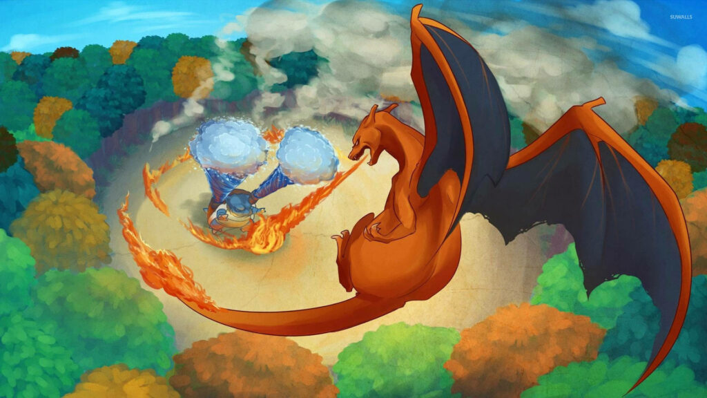 Charizard soars above Blastoise unleashing water jets in vibrant forest Pokémon battle artwork Wallpaper