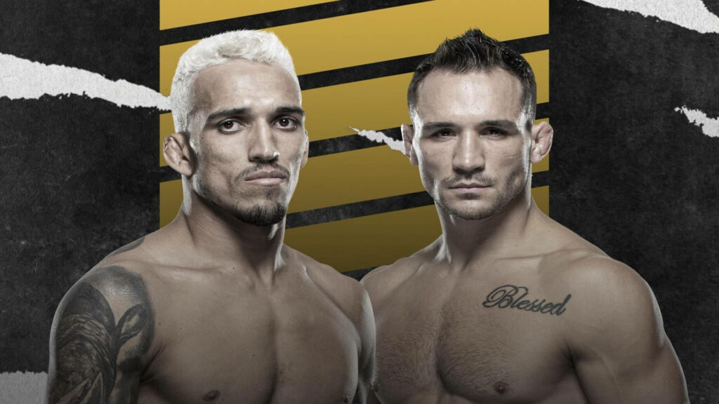 Charles Oliveira and Michael Chandler intense MMA rivalry poster with black white gold background Wallpaper