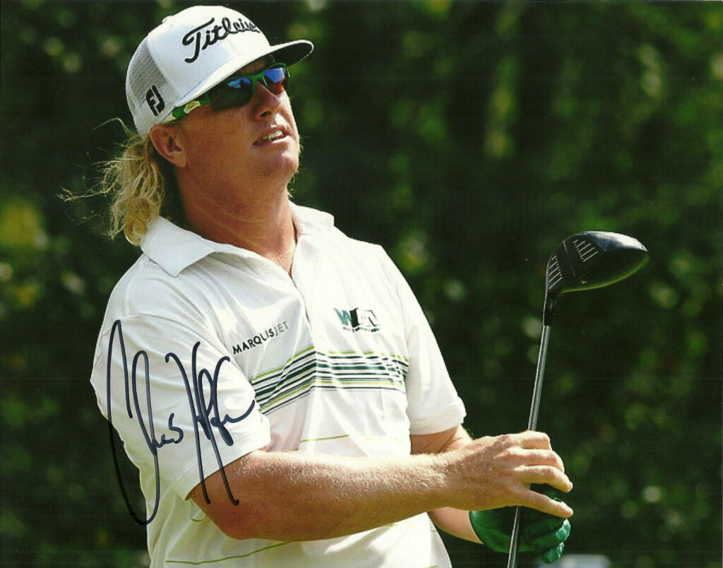 Golfer Charley Hoffman mid-swing on sunny course wearing white with autograph wallpaper background