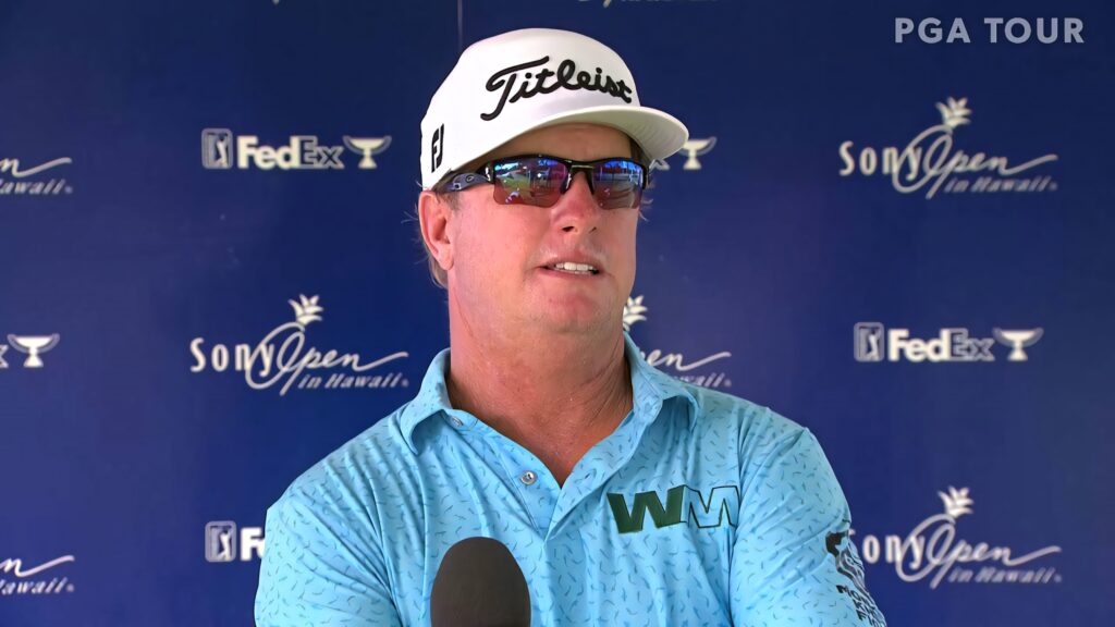 Charley Hoffman in Titleist cap and sunglasses during Sony Open Hawaii interview with PGA backdrop Wallpaper