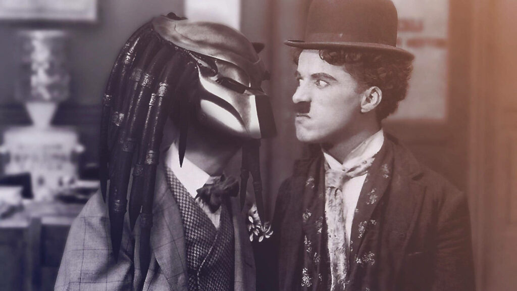 Charlie Chaplin meets Predator mask figure in surreal sci fi classic film wallpaper background