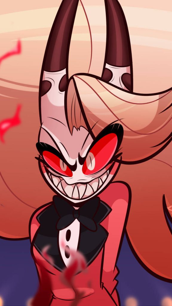 Charlie Morningstar Hazbin Hotel wallpaper close-up demon form glowing red eyes horns grin