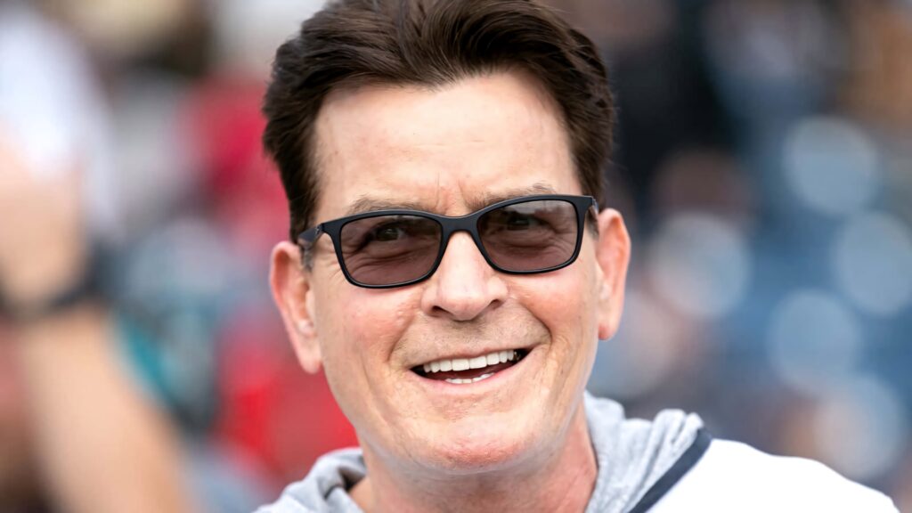 Charlie Sheen close-up portrait with charismatic smile stylish haircut vibrant high-resolution wallpaper