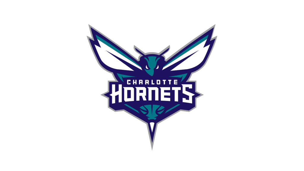Charlotte Hornets logo with teal and purple hornet on white background NBA wallpaper design
