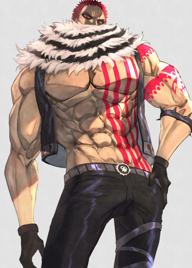 Charlotte Katakuri powerful pose red-striped tattoos fur scarf One Piece wallpaper background