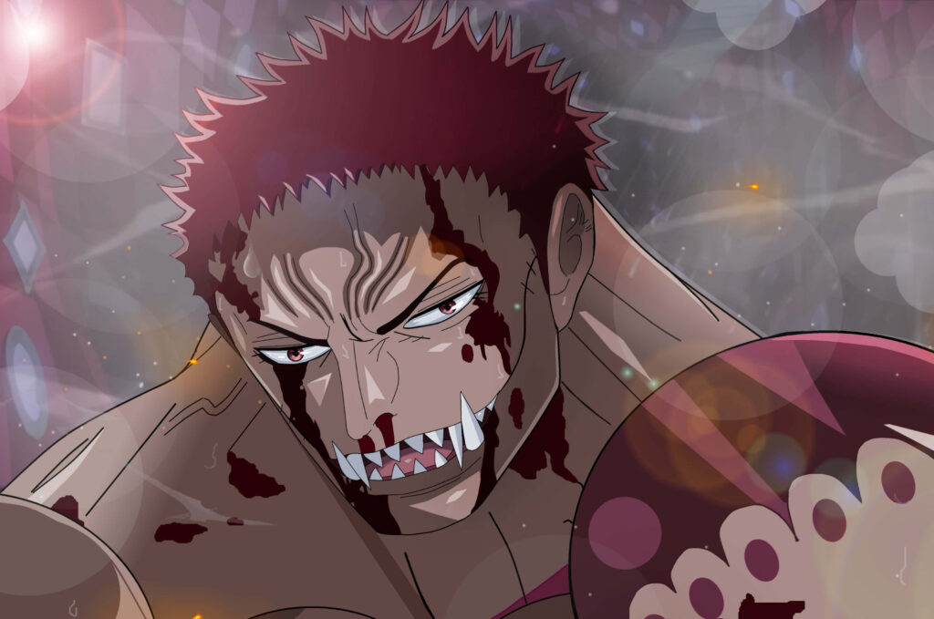 Charlotte Katakuri intense battle pose bloodied anime art dynamic lighting wallpaper background