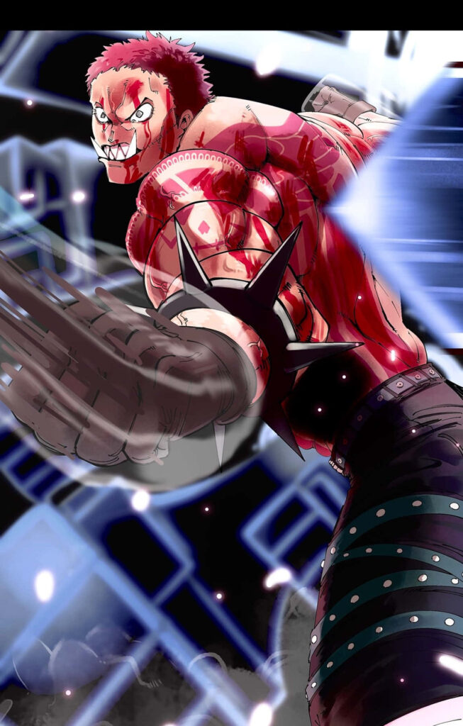 Charlotte Katakuri in dynamic One Piece wallpaper with mochi arm fierce gaze red black hues
