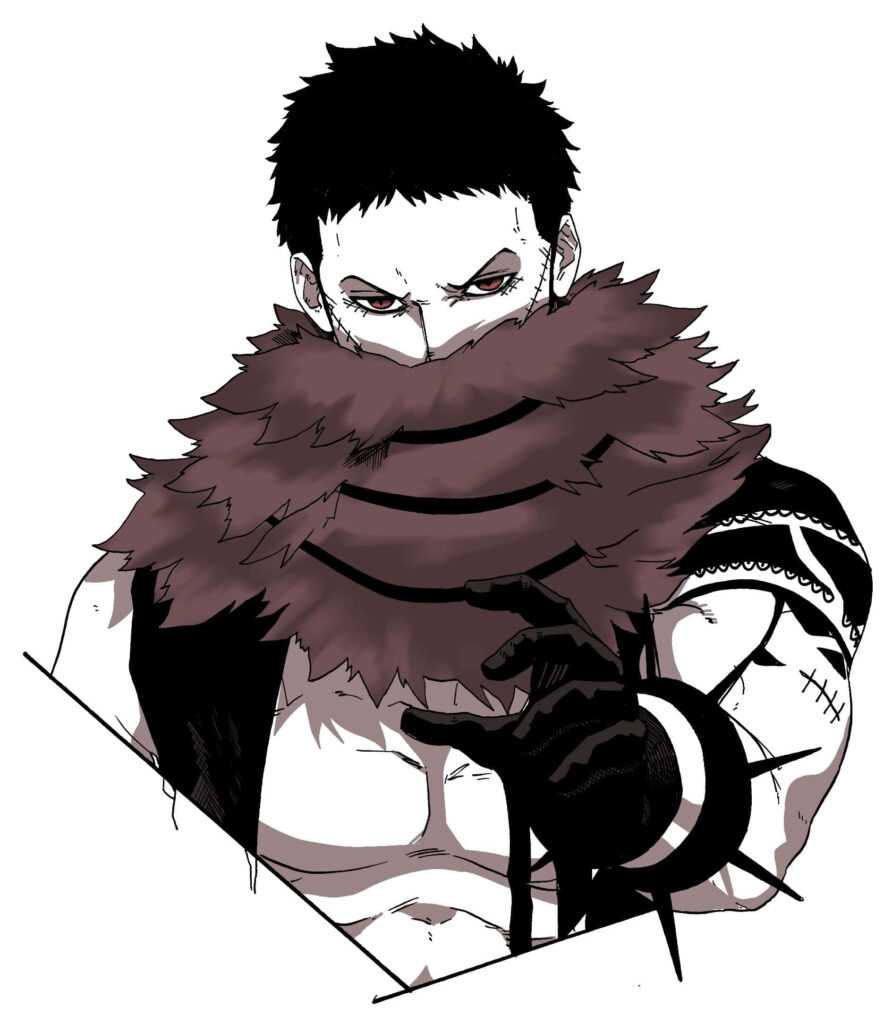 Charlotte Katakuri One Piece fierce pose red eyes maroon scarf monochrome wallpaper background