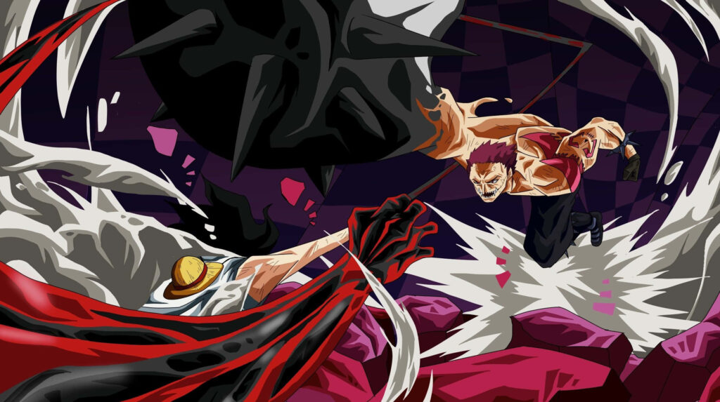 Charlotte Katakuri attacks Luffy in a vibrant One Piece anime battle scene wallpaper background