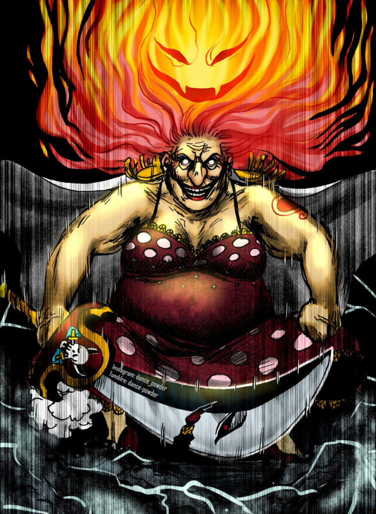 Charlotte Linlin One Piece fierce pose with vibrant flames and stormy dramatic wallpaper background