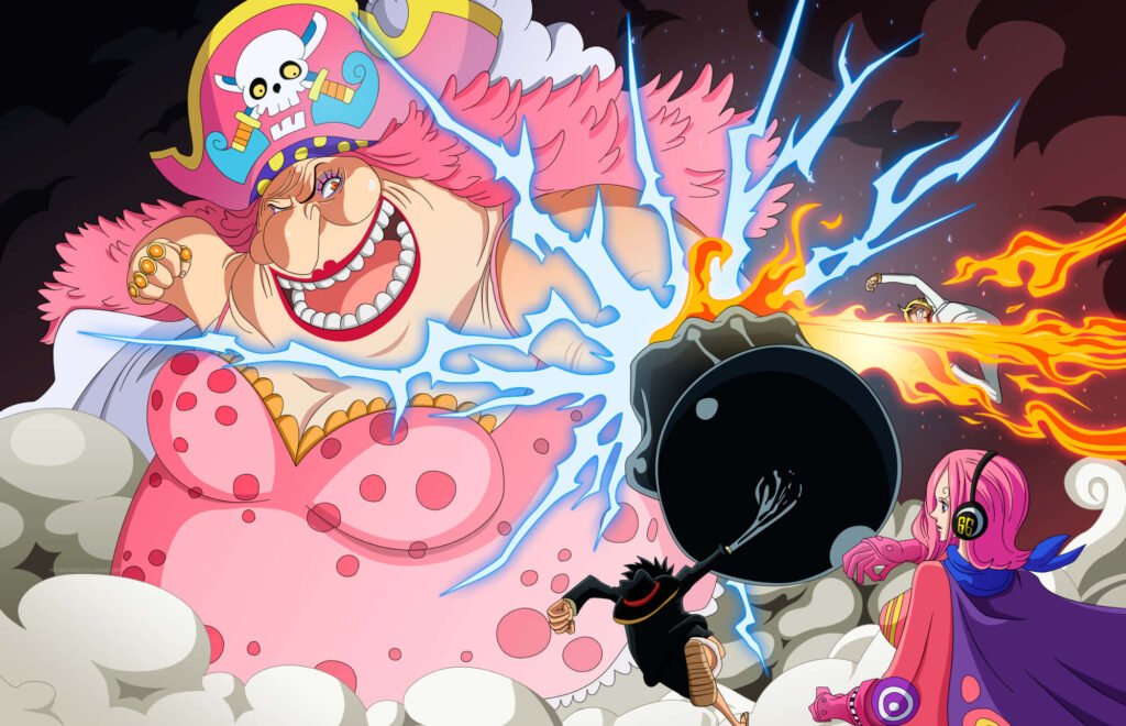 Charlotte Linlin pirate captain anime wallpaper vibrant pink outfit lightning action scene