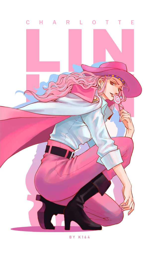 Charlotte Linlin One Piece wallpaper in pink and white modern outfit with playful lollipop pose